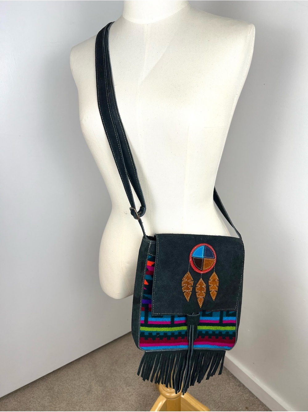 Jordana Crafts Ecuador Handmade Embroidered Fringe sz Medium Suede Crossbody Bag